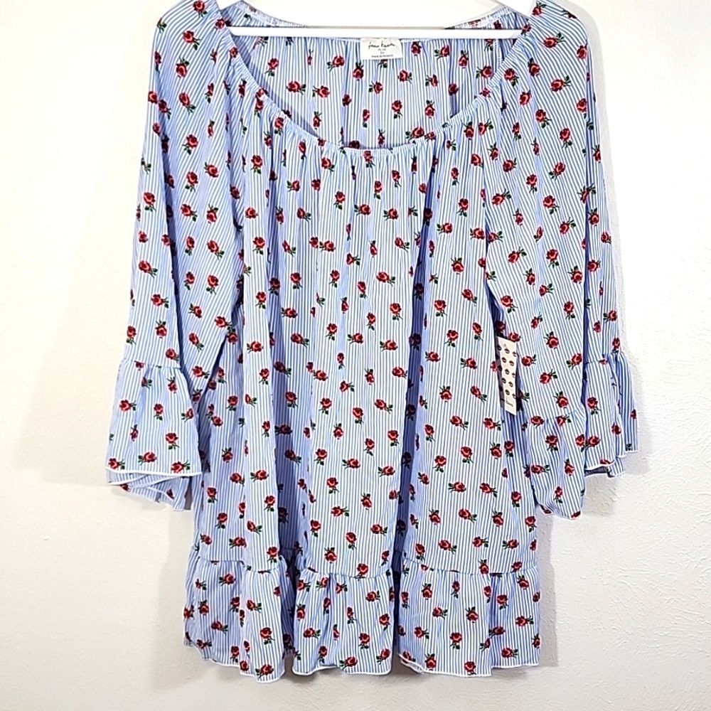 Free Kisses striped plus size 3/4 sleeves red rose print blouse size 2X NWT